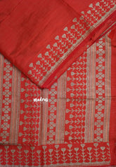 Dual Shade Classic Red - Raaga - Semi Tussar Heart Stripes Border with piping